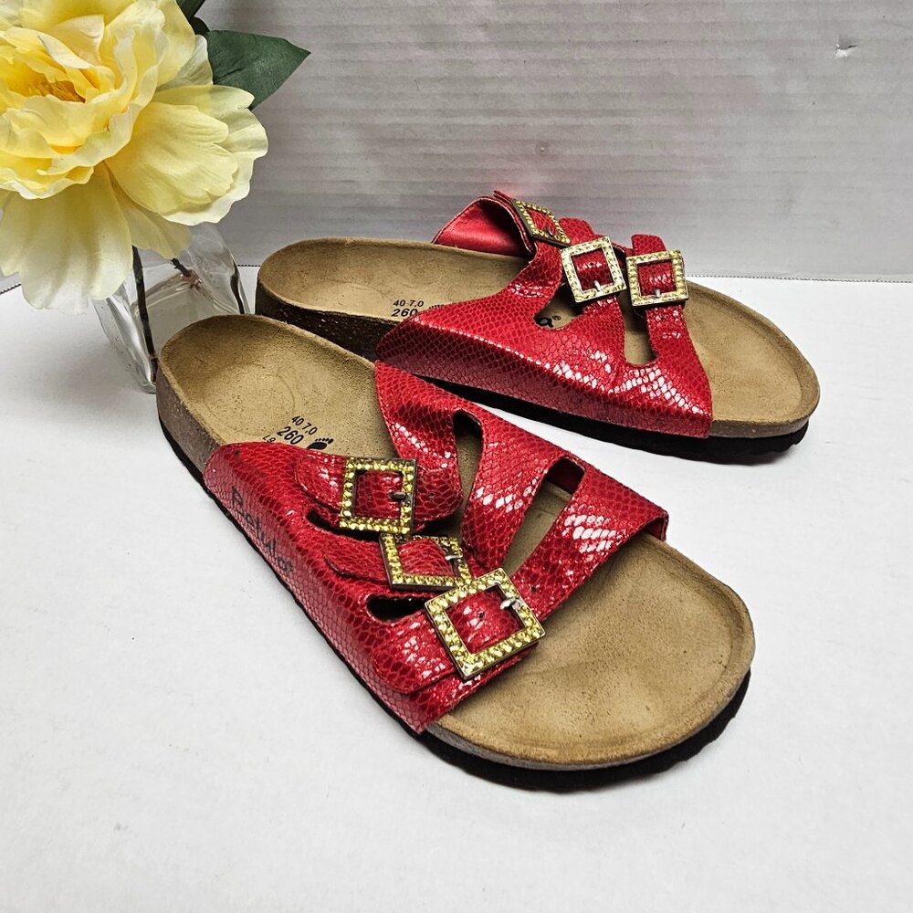 Betula Birkenstock Red Snake Leather 3 Adjustable Buckles Bling Sandals 40 L 9